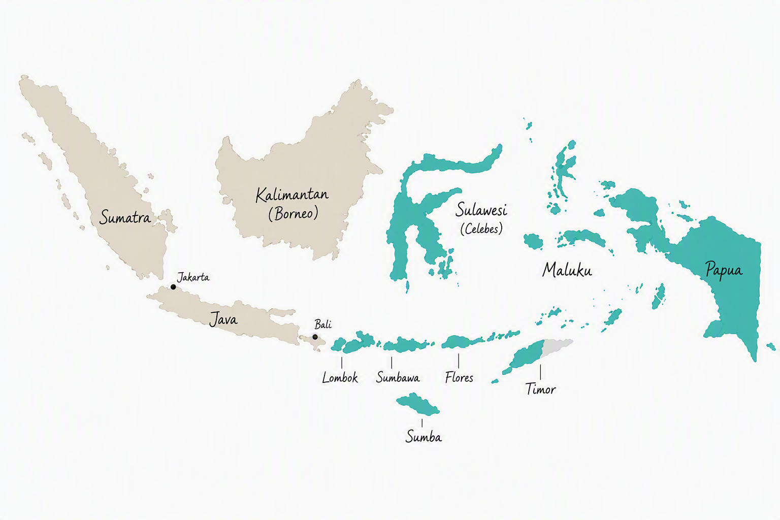 Map showing the main islands of East Indonesia for kitesurfing 