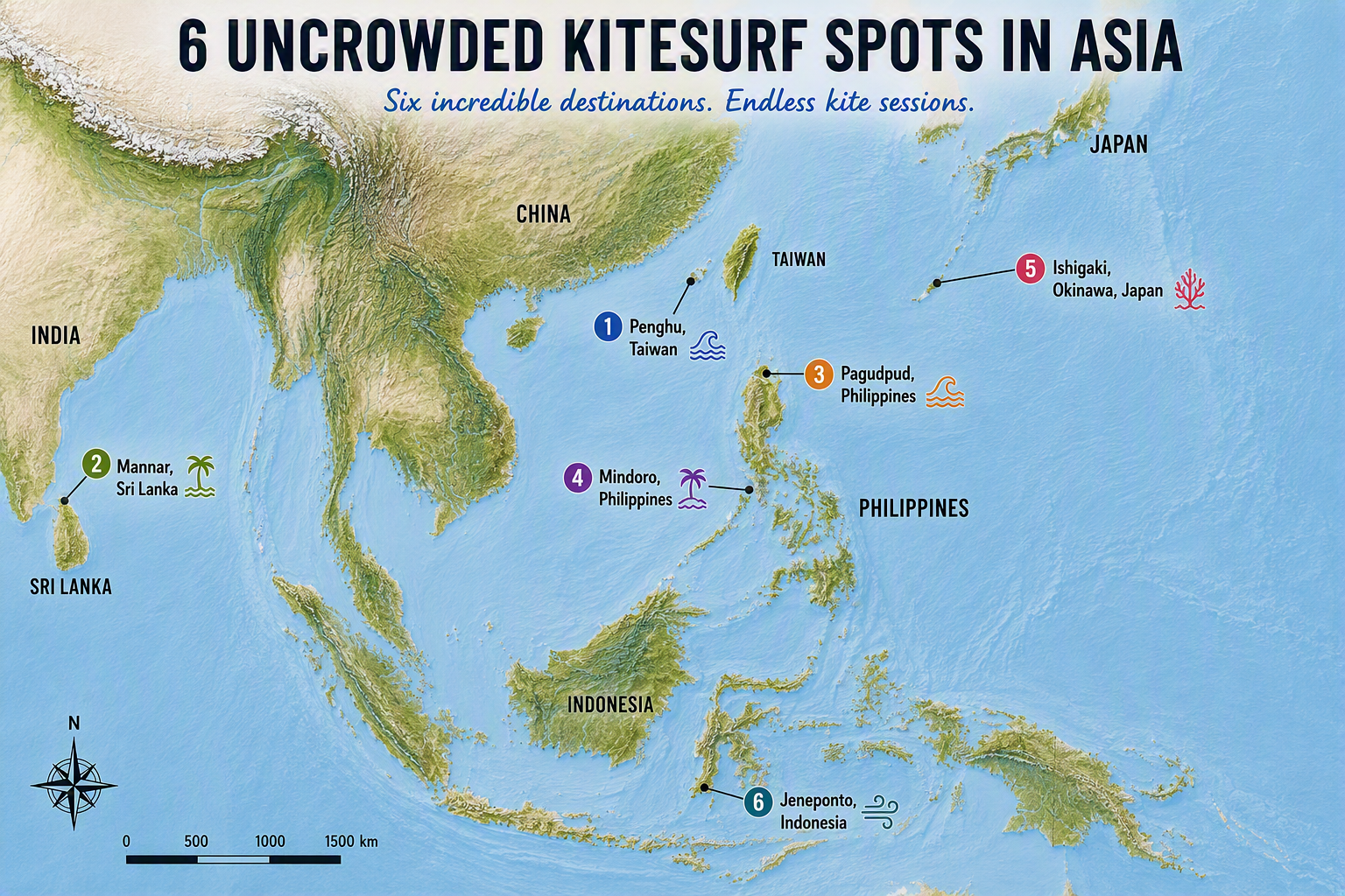 Map of Asia highlighting six uncrowded kitesurfing spots in Asia: Penghu (Taiwan), Mannar (Sri Lanka), Pagudpud and Mindoro (Philippines), Ishigaki (Japan), and Jeneponto (Indonesia), with labeled pins and location markers.