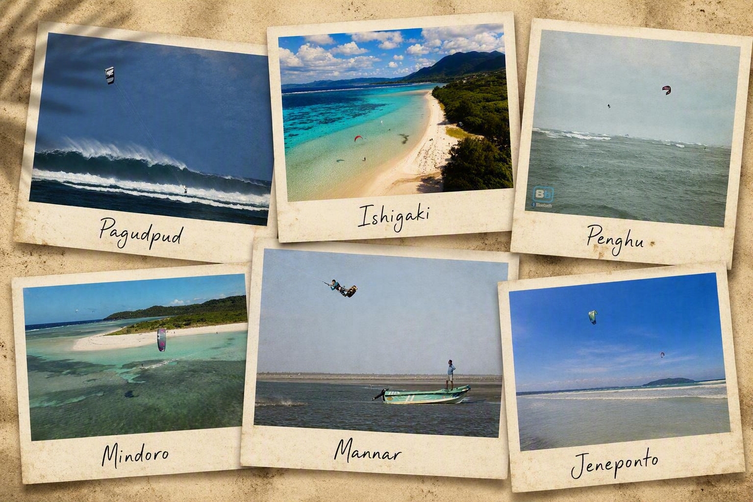 Polaroid photo collage comparing six uncrowded kitesurf destinations in Asia: Pagudpud, Ishigaki, Penghu, Mindoro, Mannar and Jeneponto.